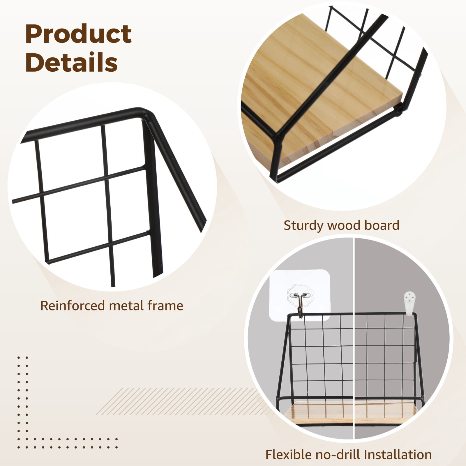 Decorative Shelf, 3 Pcs Floating Shelves for Wall No Drill Wall Mounted Wood Shelf with Metal Rail, Wire Frame Rustic Wall Decoration for Kitchen, Bathroom, Bedroom, 13.8/11.8/9.8 in Black