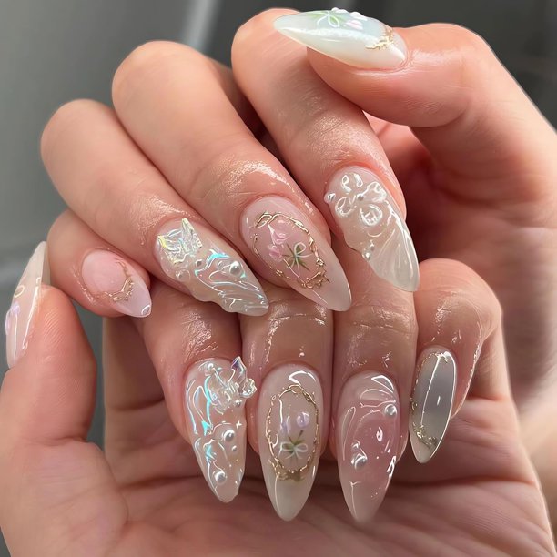 Uñas postizas press on LPOODDNU 3D hechas a mano, tamaño mediano, almendra, rosa