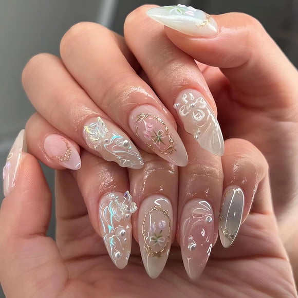 Uñas postizas press on LPOODDNU 3D hechas a mano, tamaño mediano, almendra, rosa