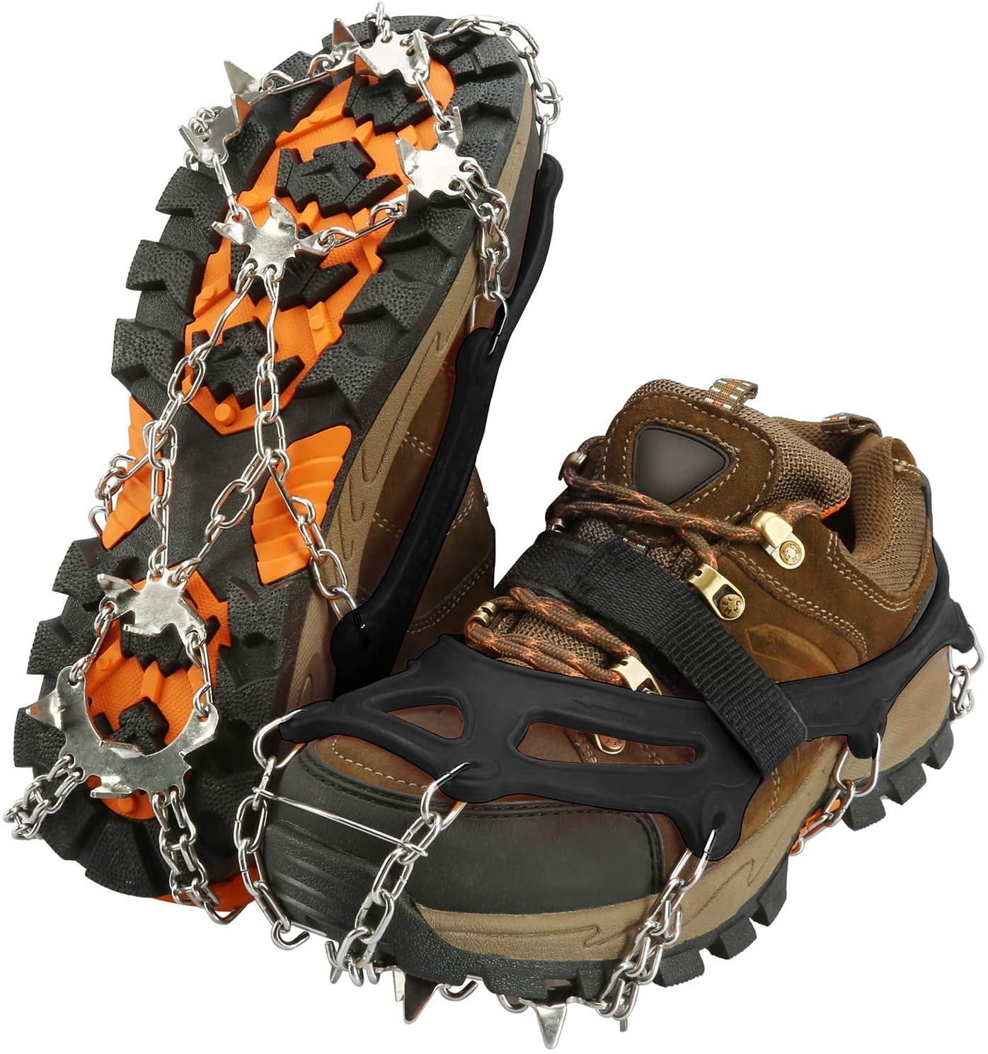 omitium Crampons Traction Cleats,19 Spikes Ice Snow Grips for Shoes Boots,Safe Protect for Hiking,Walking,Jogging,Ice Fishing,with Storage Bag and 1Pair Strap 