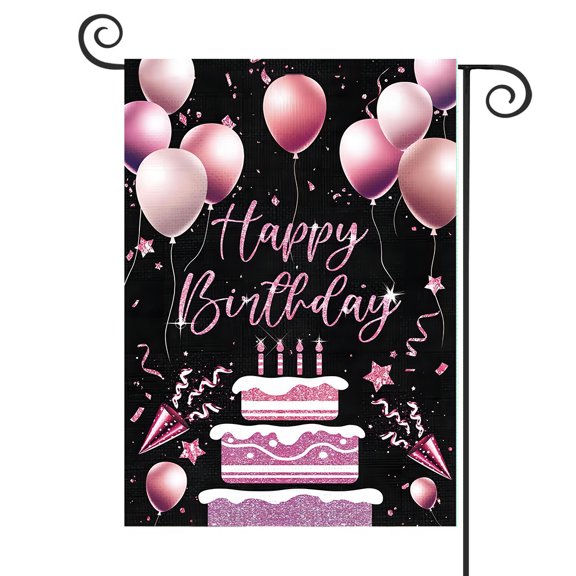 DMERBYL Happy Birthday Garden Flag Balloons Pink Birthday Cake Yard Flags 12x18 Inch Double Sided Burlap Banner for Farmhouse Outdoor Prime Birthday Party Celebration Decoration(ONLY FLAG)