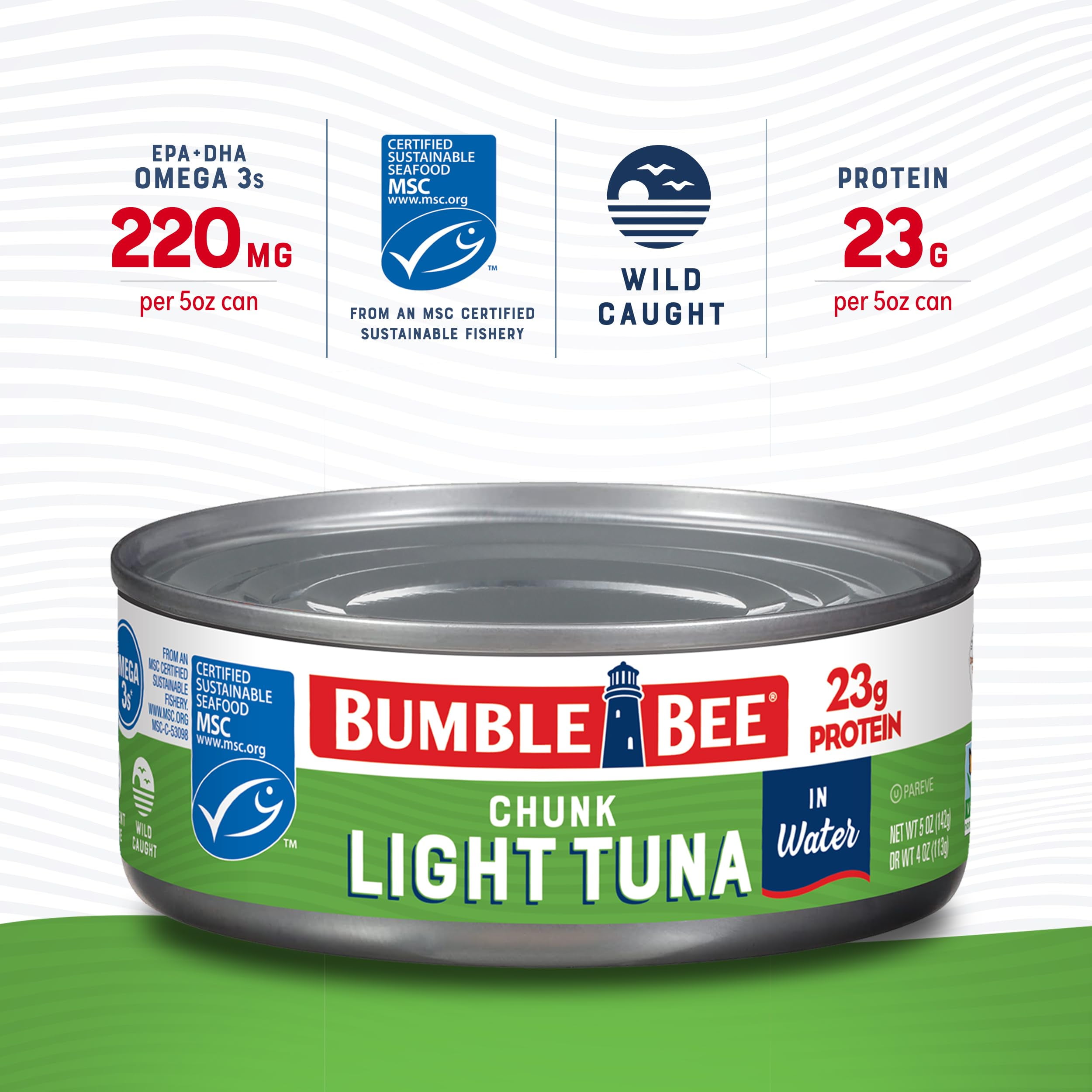 Bumble Bee ChunkUMRT&nbsp;Light Tuna In Water, 5 oz Cans (Pack of 24) - Wild Caught Skipjack Tuna - 23g Protein Per Serving - MSC Certified Sustainable Seafood, Non-GMO, Gluten Free, Kosher
