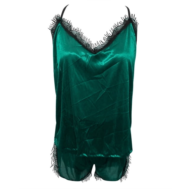 Gibobby Lencería de encaje para mujer Trim Mujer Correa Conjuntos Ropa de dormir Sin mangas Ropa de dormir Pijama Encaje Top Satén Íntimos(Verde, M)
