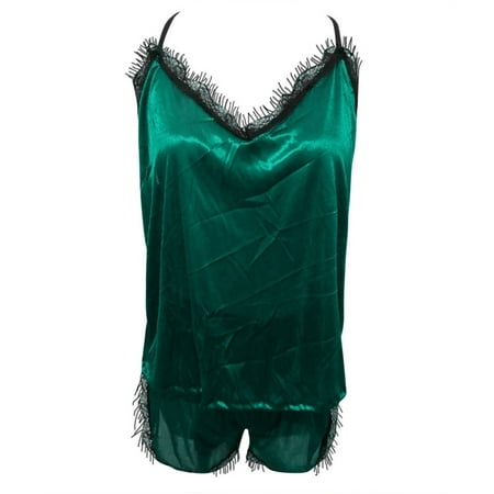

Lingerie Pajama Sets for Women Sleepwear Sleeveless Strap Nightwear Lace Trim Satin Cami Top Pajamas