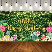 Aloha Happy Birthday Beach Backdrop, Hawaiian Tropical Luau Birthday Party Decorations Supplies for Summer Flamingo Pool Party Banner with Palm Pineapple Hibiscus Orchid Anthurium Watercolor Floral