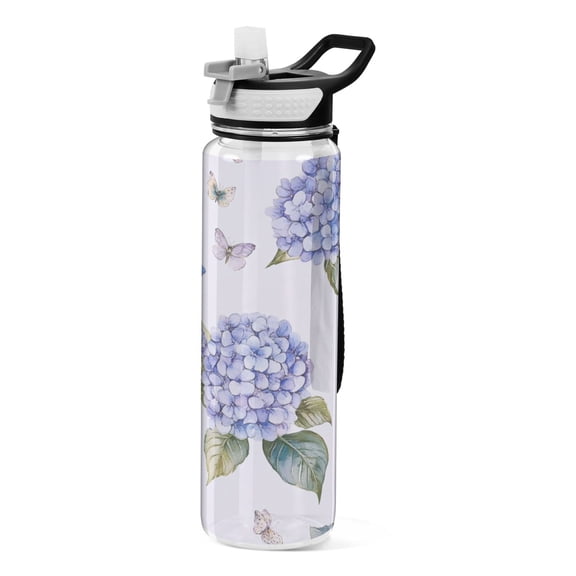 32oz Transparent Sports Water Bottle with Straw for Kids Adults Outdoor School Gym Fitness Blue Hydrangea