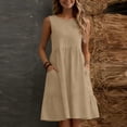 thumbnail image 5 of ClodeEU Women's Linen Blend Crinkle Sleeveless Crewneck Dress with Pockets ,Solid Color Casual Midi Dress Khaki,Womens Plus M, 5 of 6