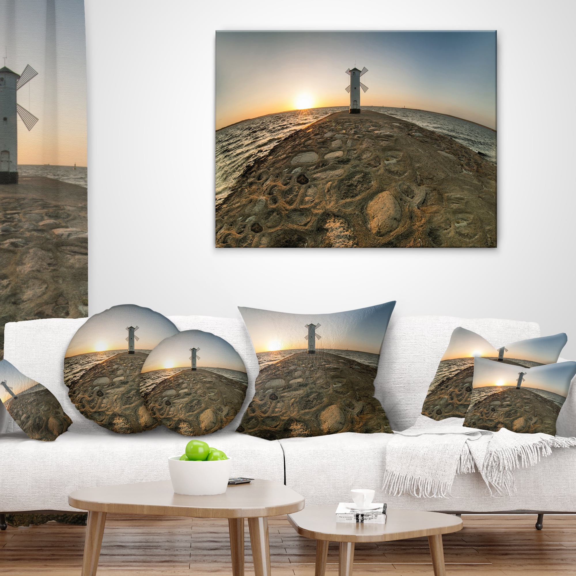 Designart Lighthouse Windmill Stawa Mlyny - Seascape Throw Pillow - 12x20