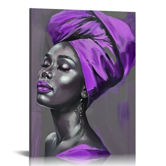 Acheng  African American Women Canvas Wall Art, Beauty Black Woman Purple Hair Canvas Art, Abstract Minimalist Painting Wall Decor for Living Room Bedroom Bathroom Home Decor Ready to Hanging 12x16 in