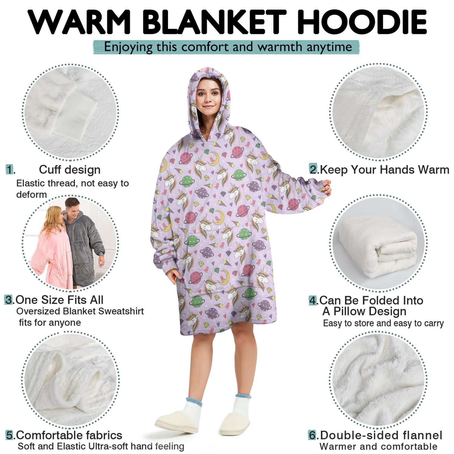 Wearable Oversized Blanket,Purple Cartoon Unicorn Planet Pattern Wearable Blanket Hoodie for Adults,Cozy Hooded Blankets with Super Pockets,Super Warm Fuzzy Pullover for Women & Men