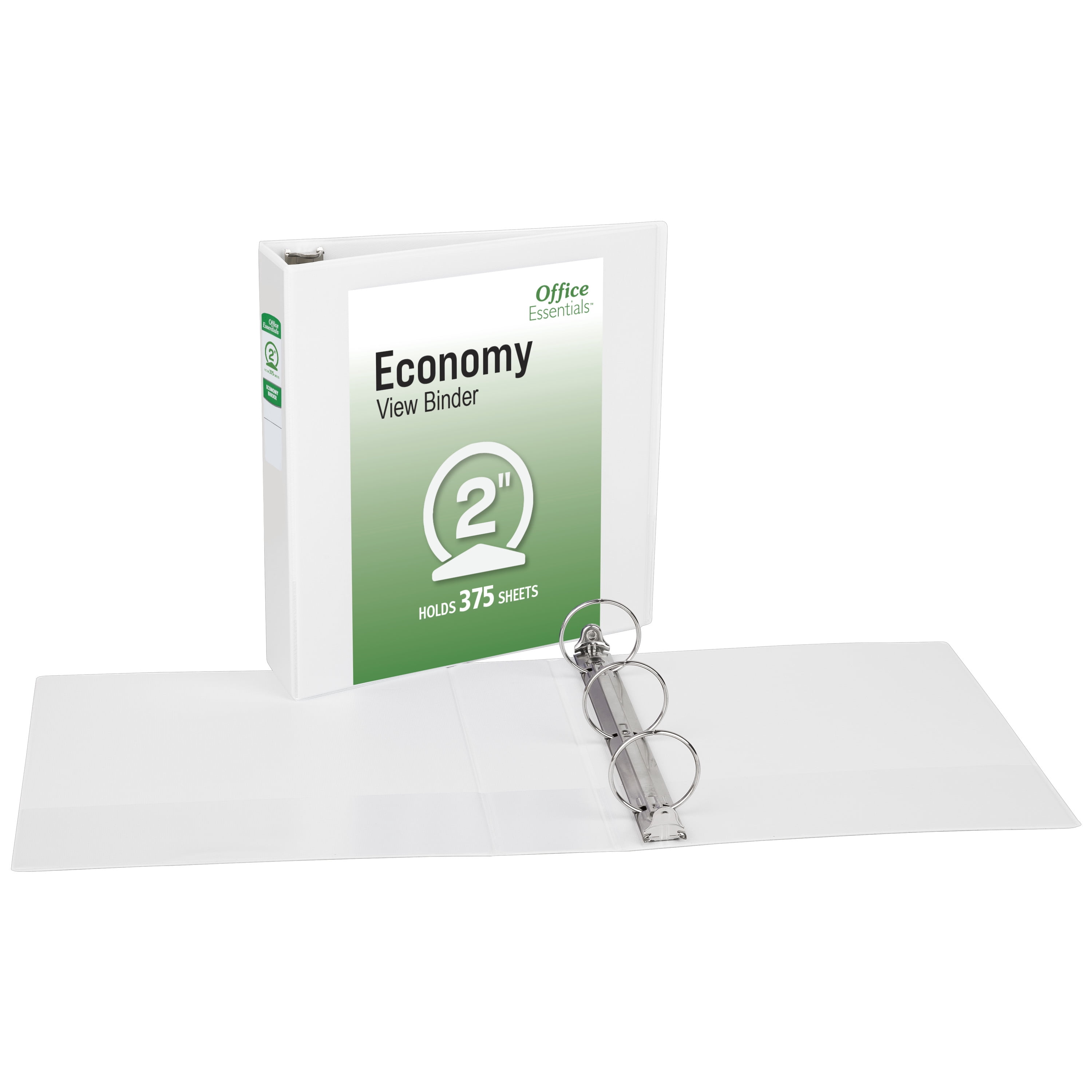 Office Essentials Economy View 3 Ring Binders, 2" Round Rings, 2.8" Spine, 375-Sheet Capacity, White Binders (12-Pack of 03428)