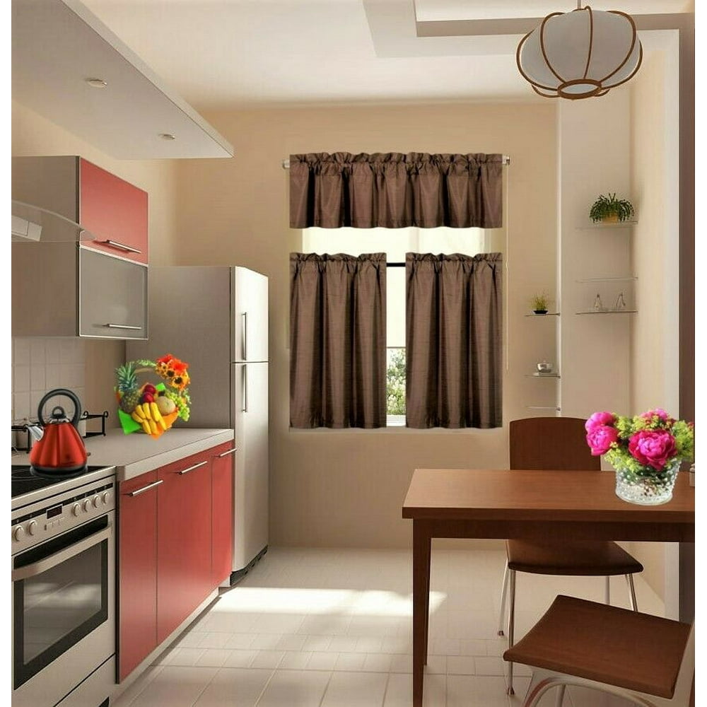 3 PIECE SOLID COLOR FAUX SILK BLACKOUT KITCHEN WINDOW CURTAIN SET WITH