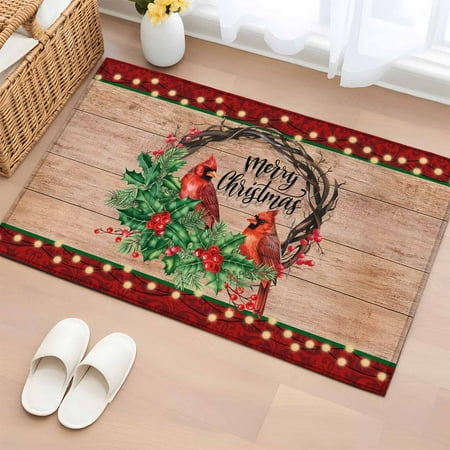 Christmas Cardinal Bathroom Rug Washable 2x3 Entryway Rug Non Slip Xmas Berry Farmhouse Wooden Grain Front Door Mat Low Pile Indoor Doormat Throw Floor Carpet for Kitchen Bedroom Entrance