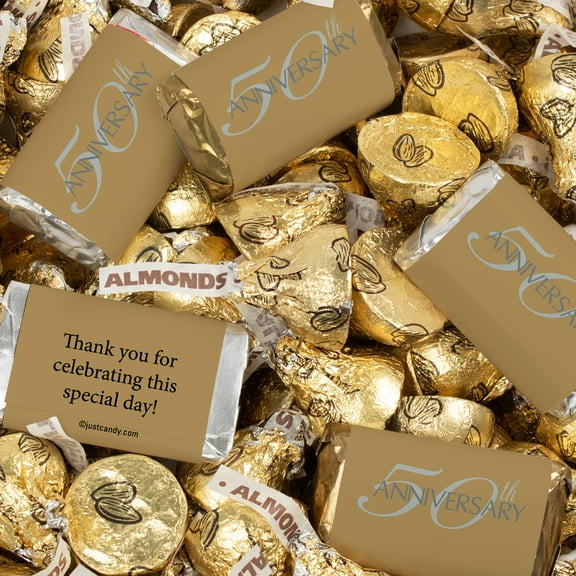 124ct 50th Anniversary Wrapped Miniatures and Gold Almond Kisses by Just Candy (1.52 lbs)