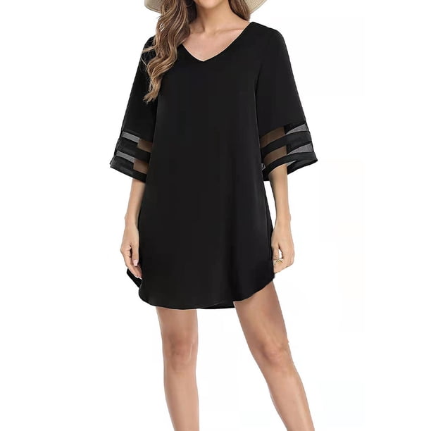 Sonducket Vestido informal para mujer, traje de baño, manga acampanada, corte en A, escote en V profundo, ropa de playa, de Color sólido Vestidos Negro SG