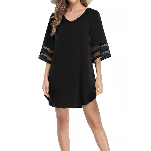 Sonducket Vestido informal para mujer, traje de baño, manga acampanada, corte en A, escote en V profundo, ropa de playa, de Color sólido Vestidos Negro SG
