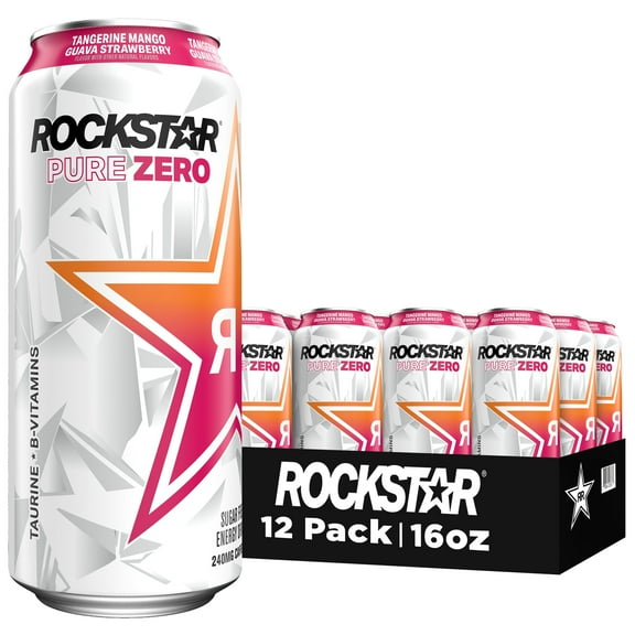 Rockstar Pure Zero Tangerine Mango Guava Strawberry Energy Drink, 16 fl oz, 12 Pack Cans