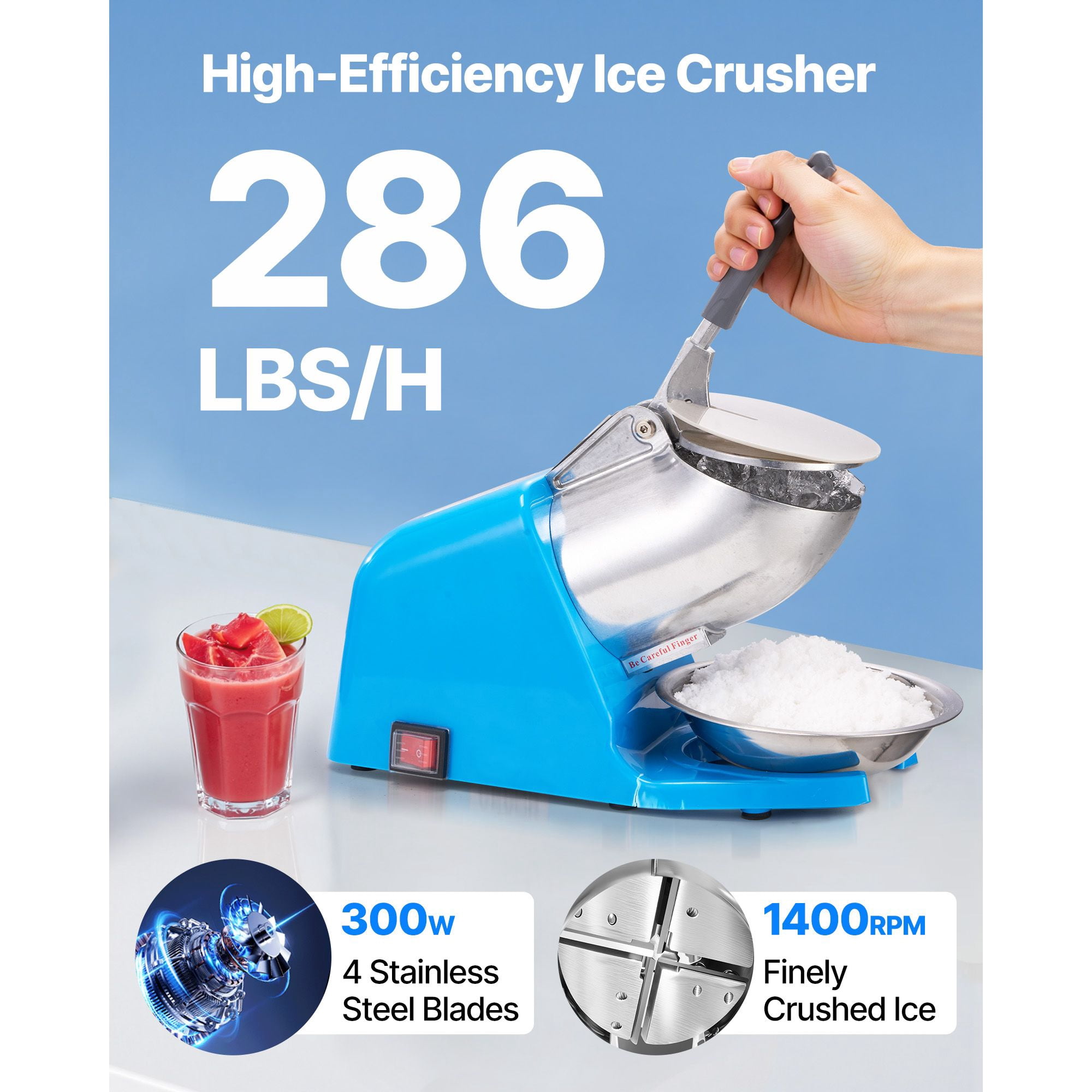 Ice Crusher Machine 286 lbs/h, 300W, 4 Stainless Steel Blades, 2000 RPM, Blue, for Home Commercial Shaved Ice Snow Cones