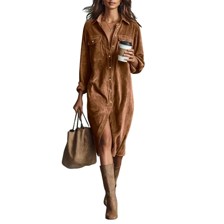 Cyglowse Corduroy Dress Women Midi Fall Vintage Long Sleeve Shirt Dress  Business Casual Collared Button Up Tunic Work Dresses Brown L - Walmart.com