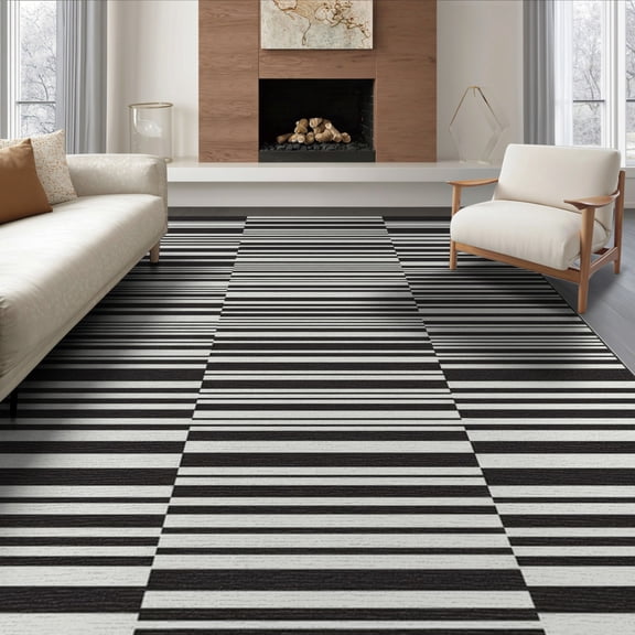 ODIKA 8'x10' Washable Area Rug Black White Corridor Alfombras Modern Striped Design with Symmetrical Bands for Living Room, Under Sectional, Family , Durable, Non-Slip