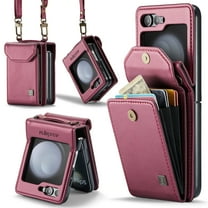 for Samsung Galaxy Z Flip 6 5G Crossbody Strap Case, Retro PU Leather Strap Wristlet Flip Case Cover with Magnetic Closure and Card Holder for Men Women for Samsung Galaxy Z Flip 6, Red
