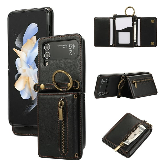 ELEHOLD Case for Samsung Galaxy Z Flip 4, Zipper Leather Wallet Crossbody Case with Detachable Ring Kickstand & Card Slots,Black