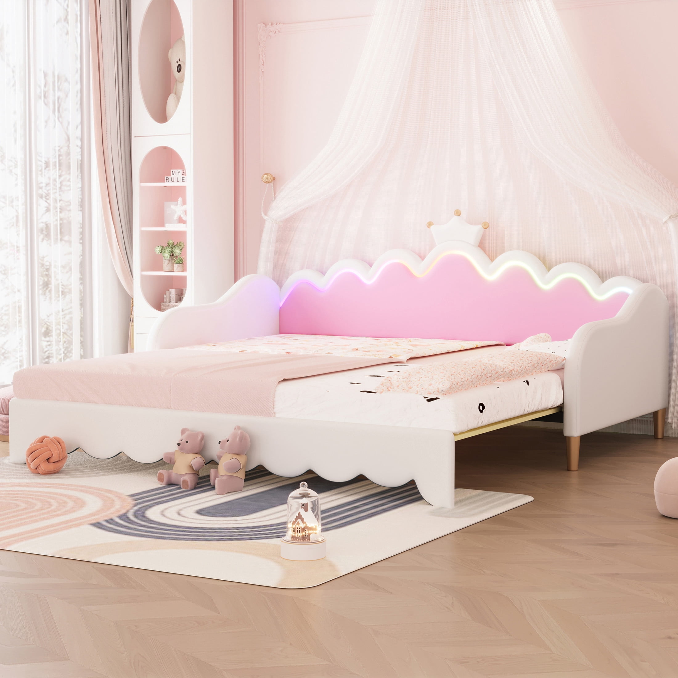 Noble House Twin Extending Daybed with LED Lights, Upholstered Princess Bed with Crown Headboard, White