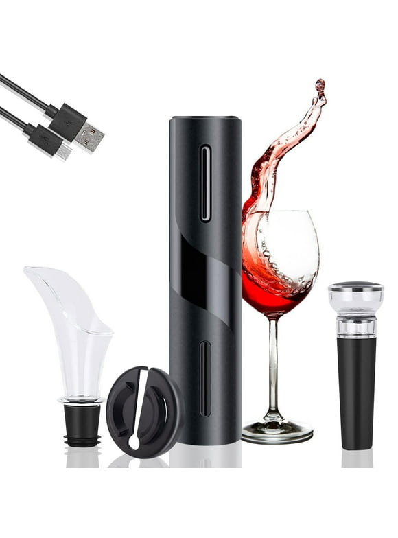 4-in-1 Electric Wine Opener, USB Rechargeable Wine Bottle Corkscrew Set with Foil Cutter, Vacuum Stopper and Pourer for Wine Lover
