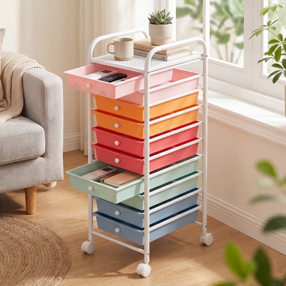 Tzou Slim 10 Drawer Rolling Cart, 36" Tall, Lockable Wheels, Metal Frame Storage Organizer for Classroom, Office, Art & Craft Supplies