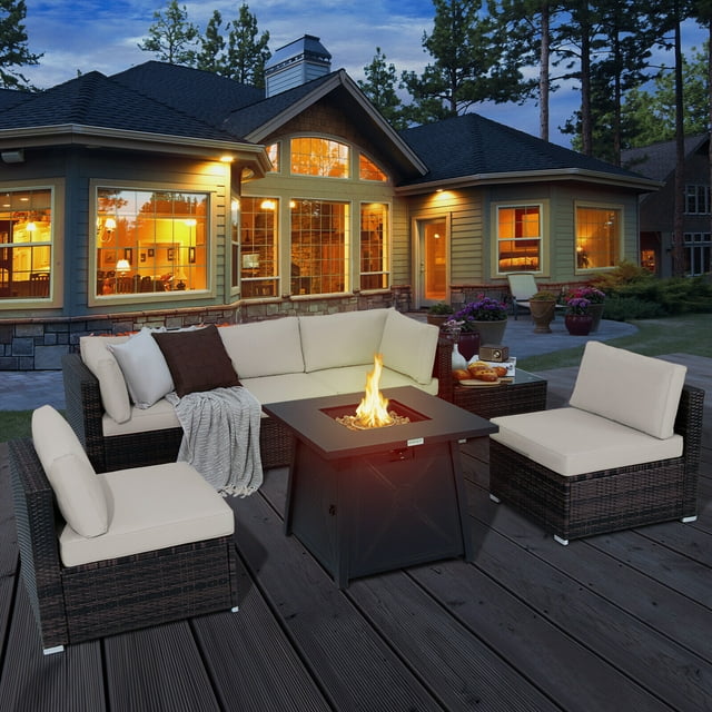 Gymax Ensemble de Mobilier Sectionnel de Patio en Rotin 7 Pcs avec Table à Foyer 30 Pieds' et Coussin Blanc Cassé