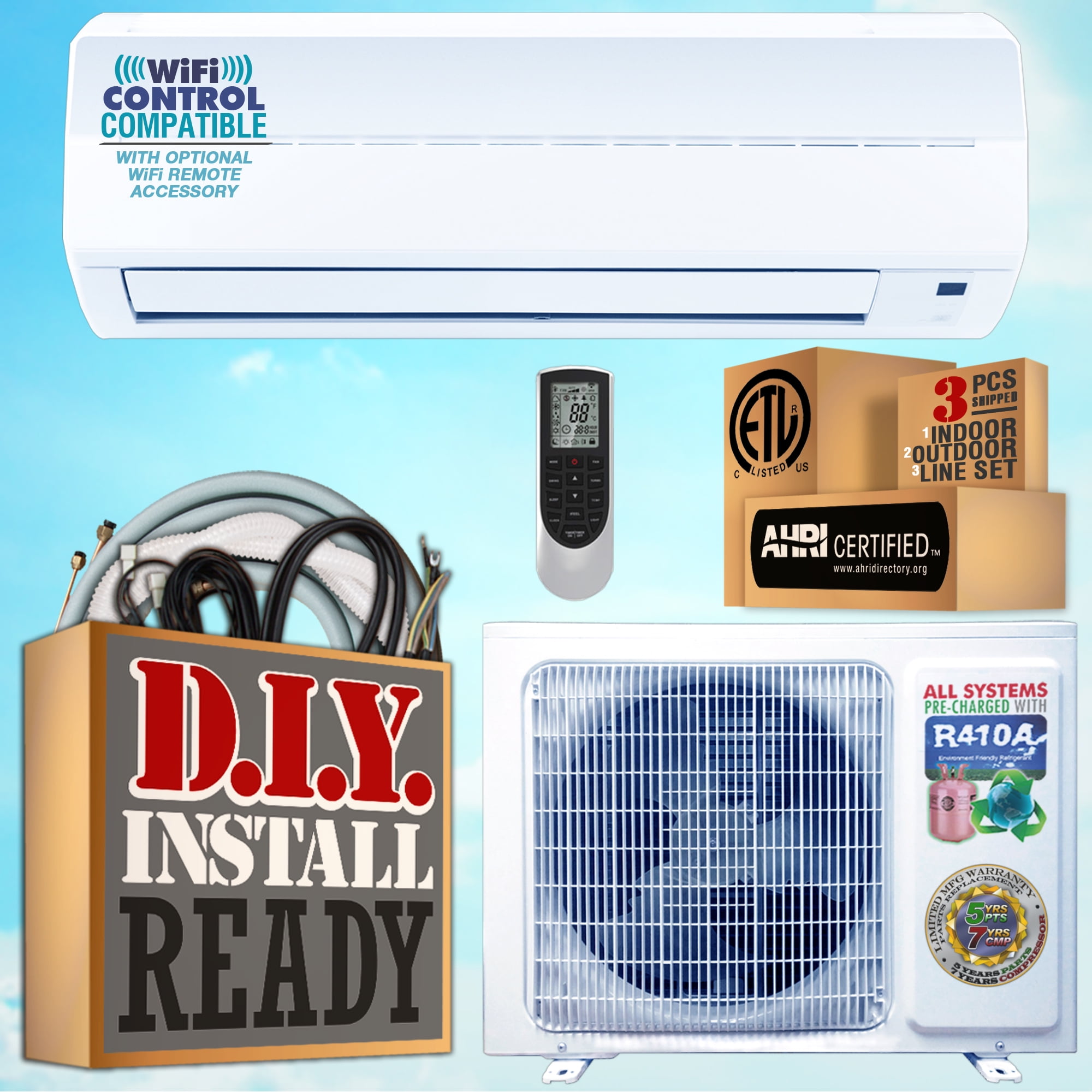 AmVent Super Efficiency 12000 BTU Inverter Ductless Mini Split and Heat Pump  115V/60 Hz 500 SQ coverage area with 25 ft installation Kit - Walmart.com