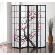 Roundhill Furniture Japanese Plum Blossom 4 Panel Room Divider, 71" Tall, Black
