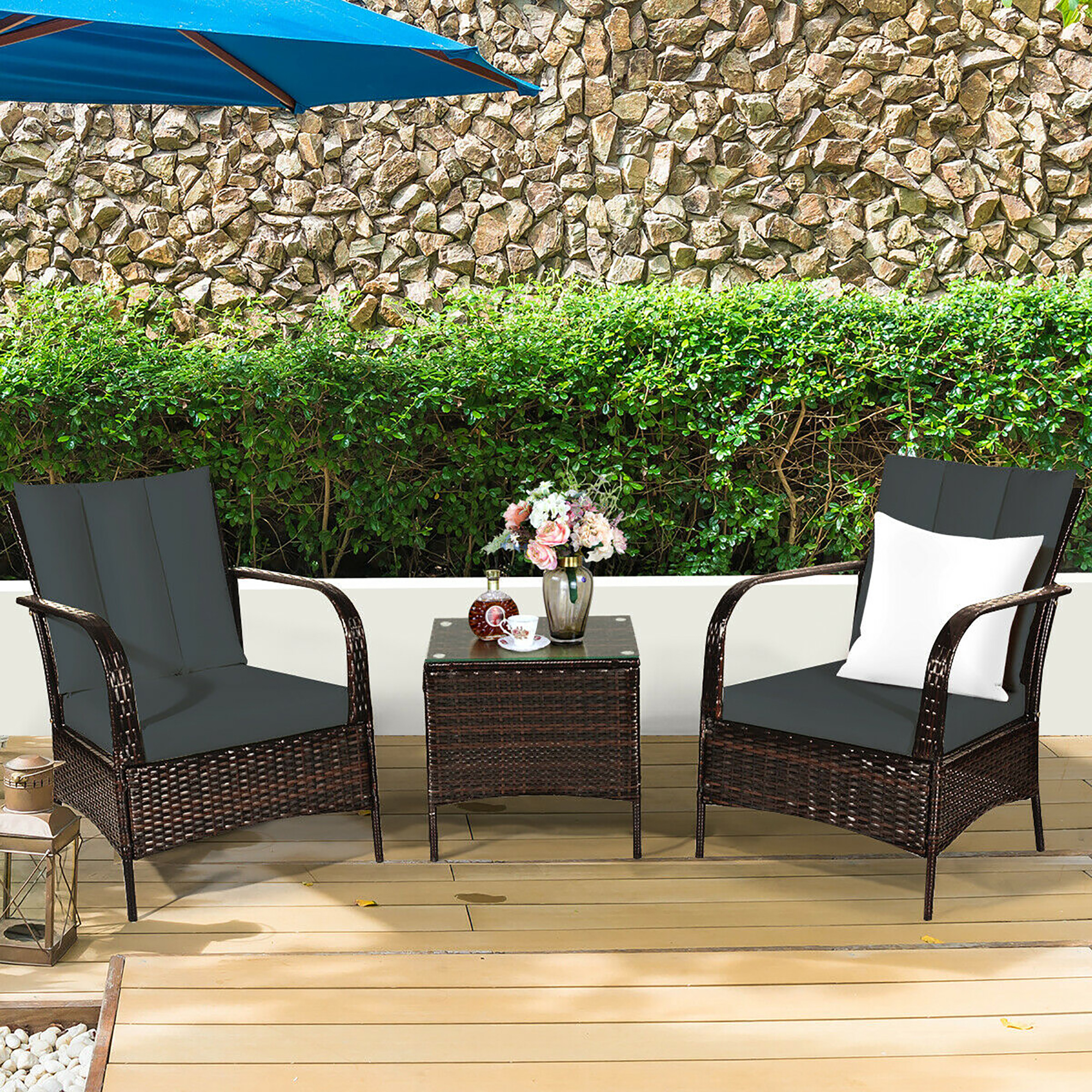 Costway 3 PCS Patio Rattan Furniture Set Coffee Table & 2 Rattan Chair W/Gray Cushions - image 4 of 10