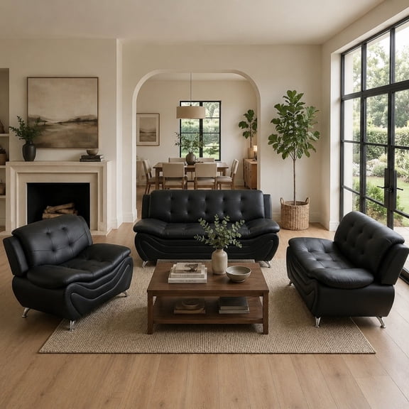 3-Piece Black Faux Leather Sofa Set, 76.5" Sofa Loveseat Single Chair for Living Room Bedroom