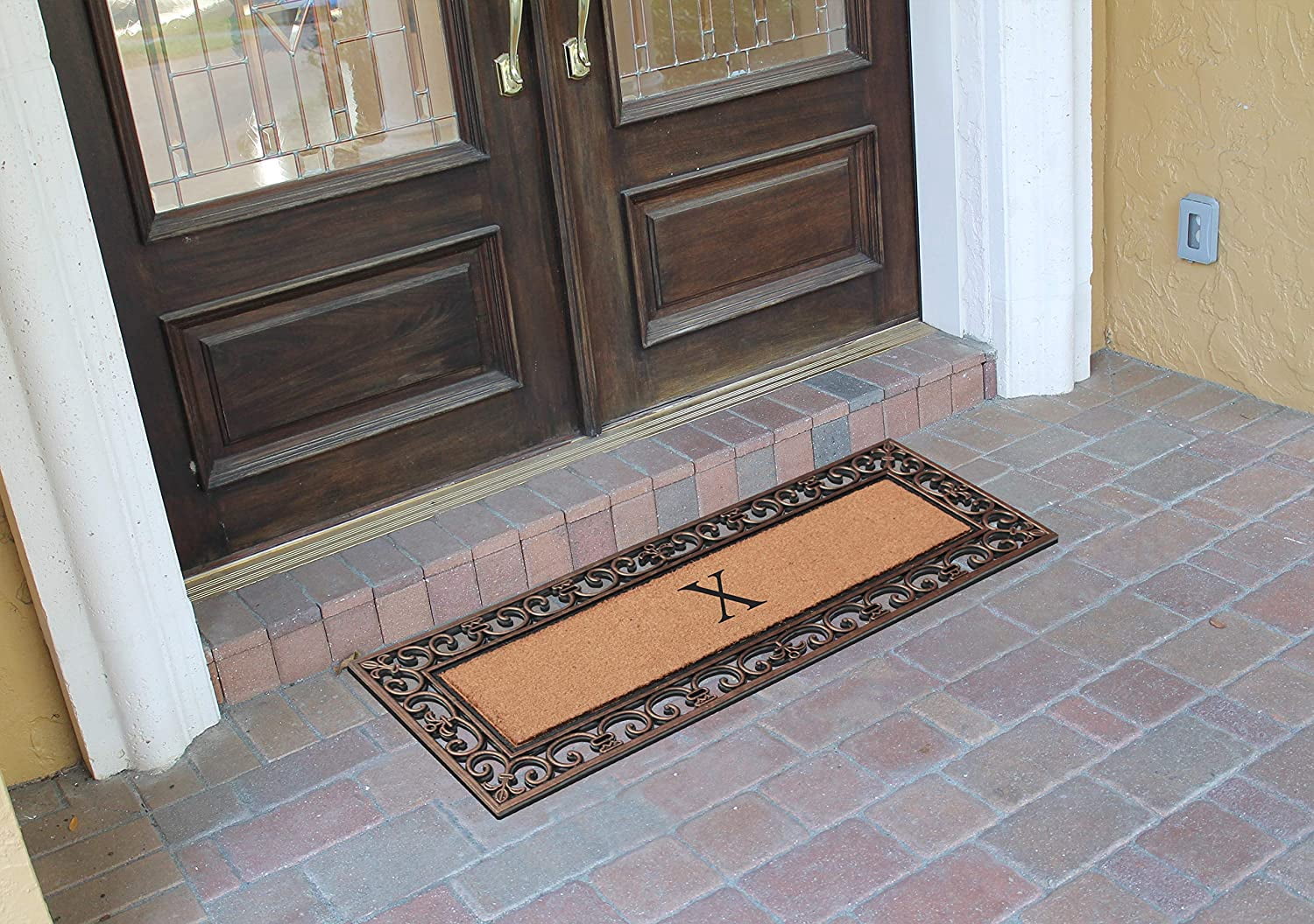 A1HC Rubber and Coir Paisley Border Myla Double Door Monogrammed E Doormat 17.71"X47.25", Bronze