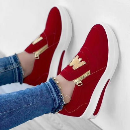 

Cathalem Lite Womens Sneaker Ladies Fashion Solid Color Flock Side Zipper Platform Comfortable Casual Womens Fashion Sneaker Red 9