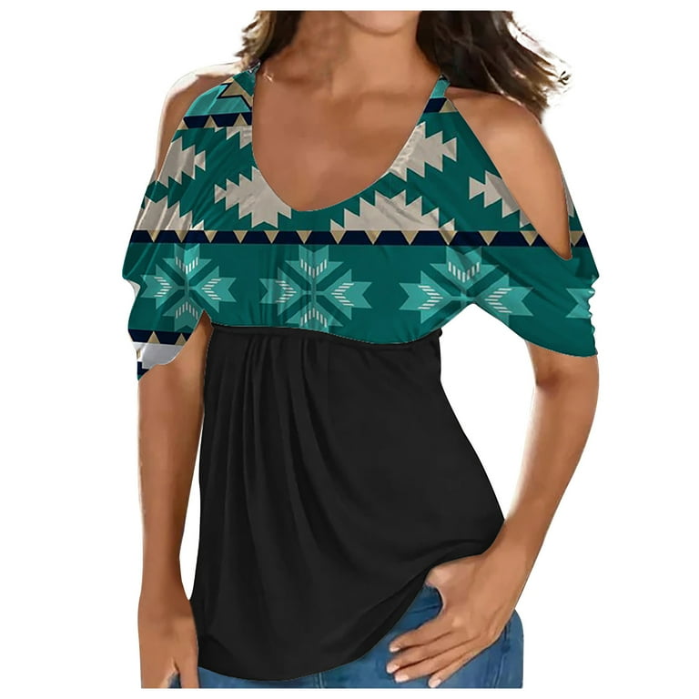 Womens Cold Shoulder Western Shirts 2023 Plus Size Summer Tops Aztec Ethnic Graphic Tee Vintage Dressy Casual Short Sleeve Blouses Walmart