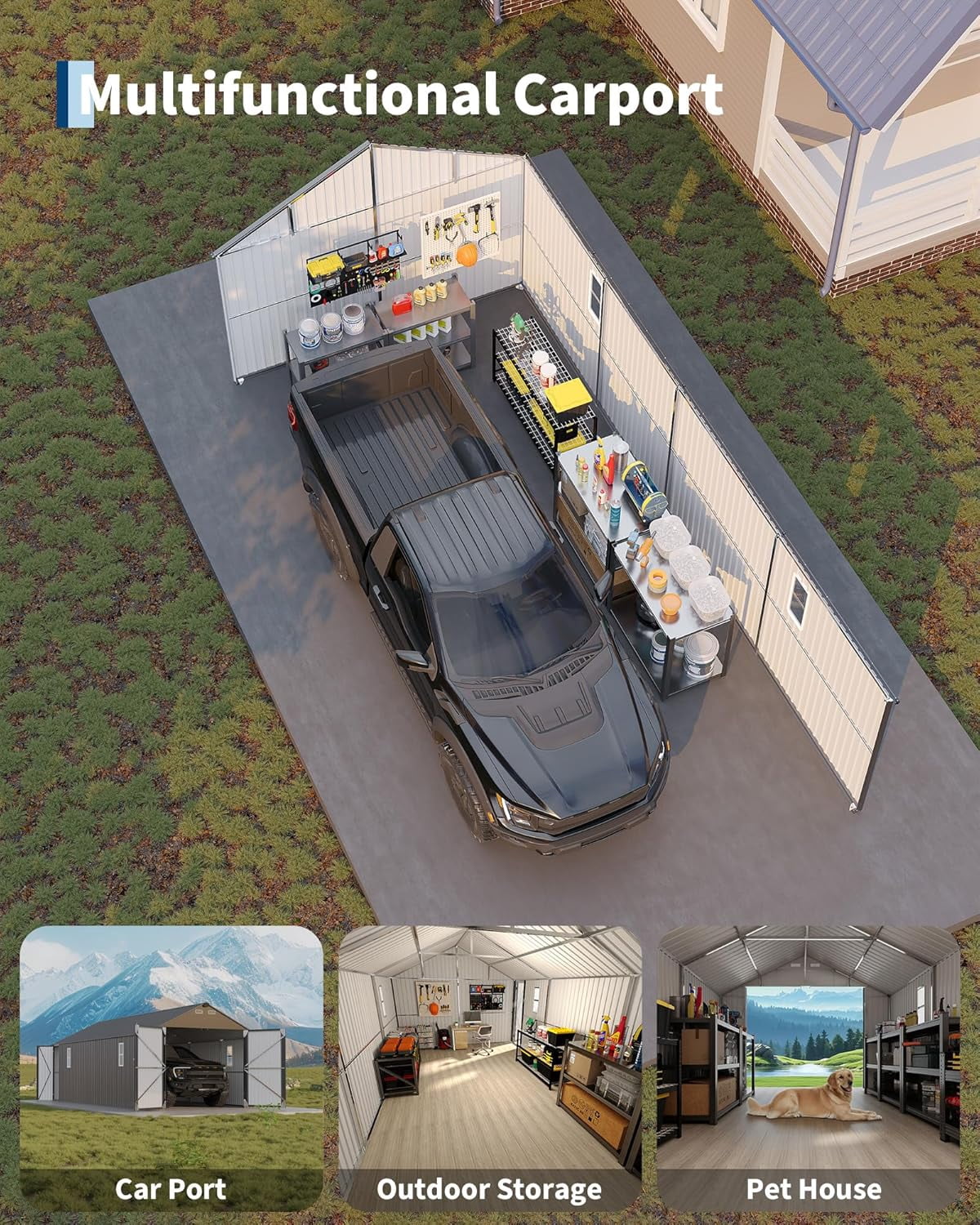 12 ft x 25 ft Enclosed Metal Carport with Vertical Steel Roof, All-Weather Steel Garage Shed with Side Man Door for Sedans & SUVs, Gray Finish