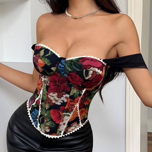 Njagoc3 Women's Floral Print Bandeau Corset Top - Stylish Slimming Casual & Party Wear
