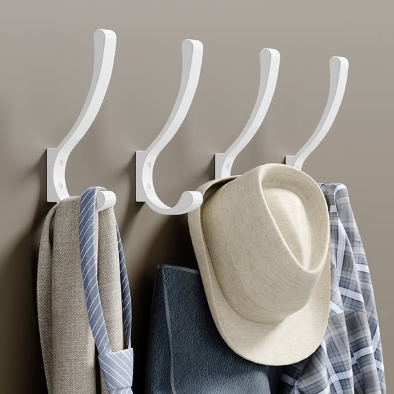 NIFFGAFF Metal Wall Hooks Screw In : 4 Packs Large Heavy Duty Mount for Hanging Coats, Backpacks, Handbags, Bags, Wall Mounted Hanger Set Includes Nails, White