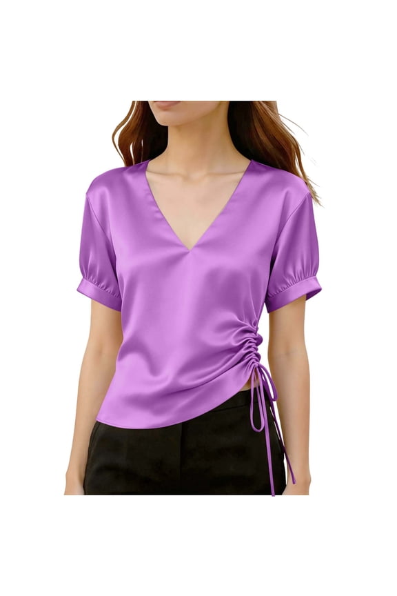Women's Satin Blouse V Neck Puff Short Sleeve Side Drawstring Cropped Silk Casual Work Tops