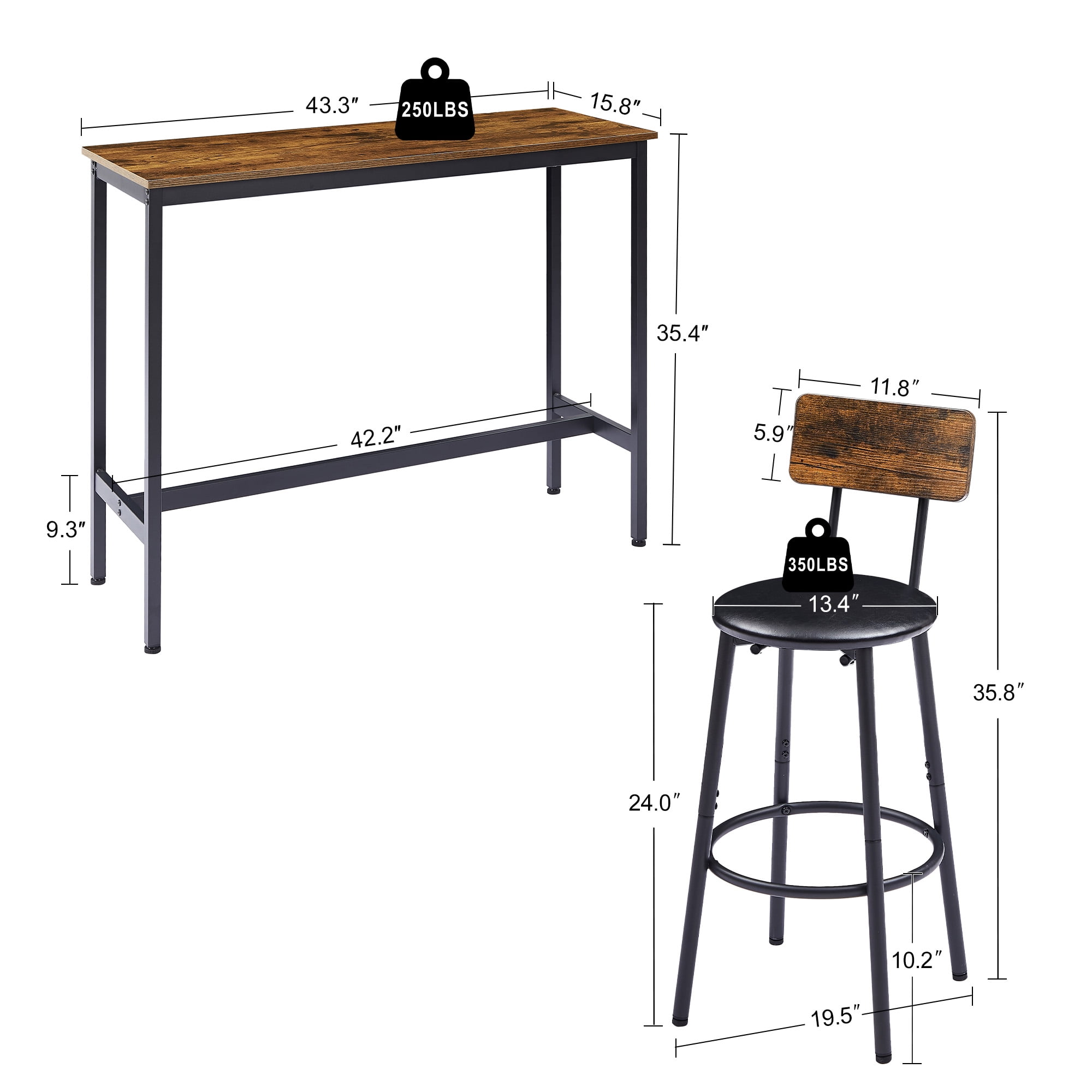 3 Pcs Bar Dining Table Set, Minimalist Style Bar Table With 2 Bar Stools PU Soft seat with Backrest Footrest for Dining Room, Kitchen, Rustic Brown,43.31"L x 15.75"W x 35.43"H