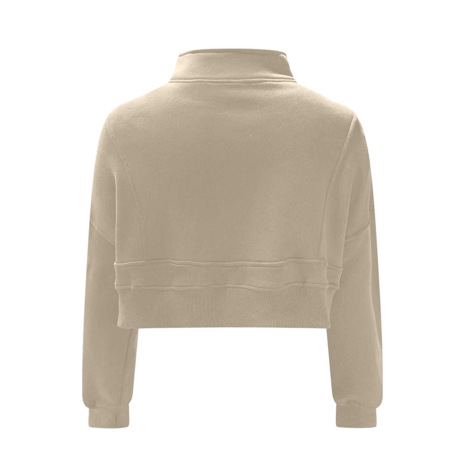 Women's Half Zip Fleece Lined Crop Sweatshirt - Funnel Neck, Thumb Holes, Kangaroo Pocket, Loose Fit, Khaki - View #4