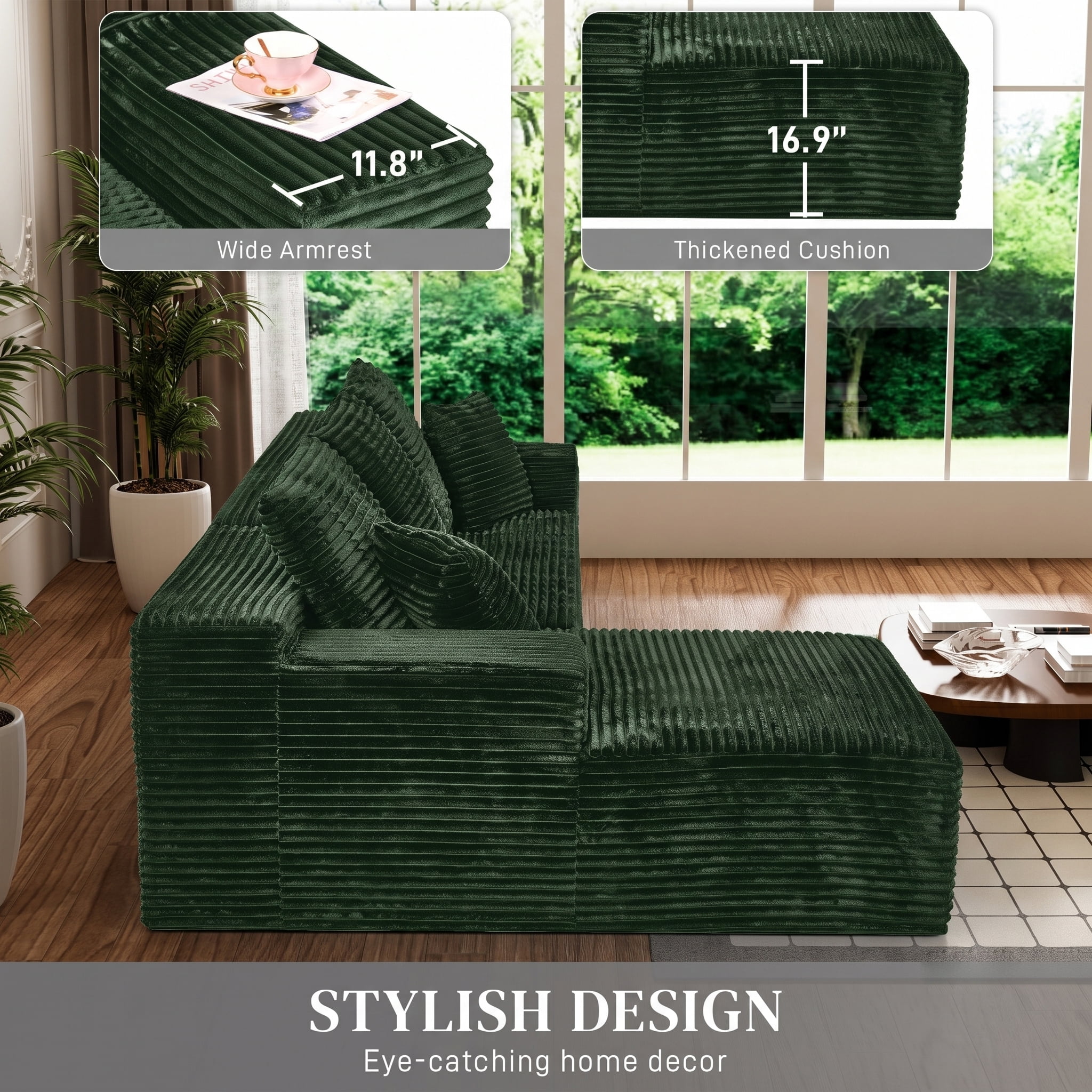AISWORD 107.5" Corduroy Boneless L Shaped Modular Sectional Sofa with Left Facing Chaise, Deep Seat Compressed Couch with Throw Pillows, No Assembly Required, Green