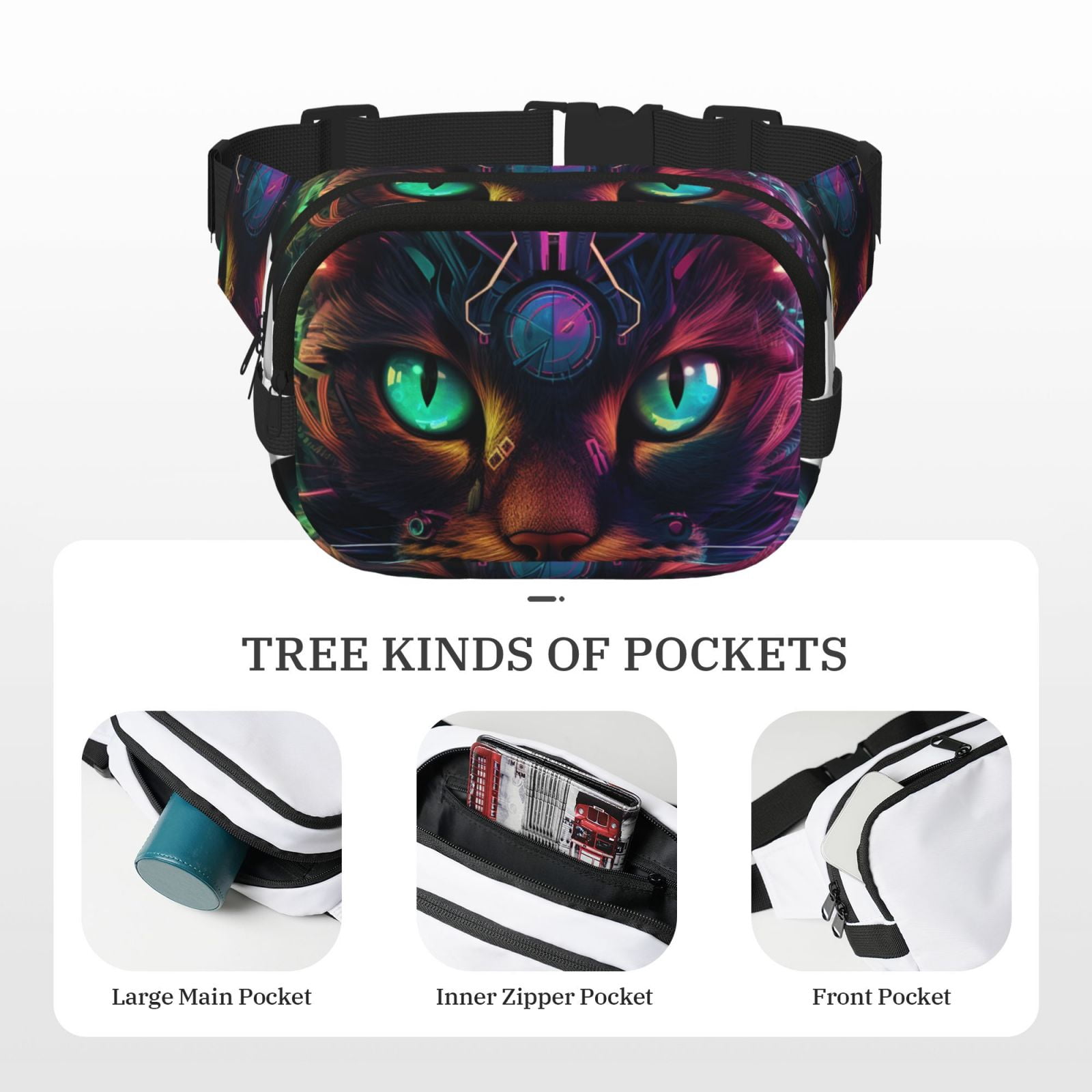 Kuqiui Futuristic Cat Warrior Print Fanny Packs for Women Cross Body Waist Bag Fashionable Fanny Pack Designer Workout Hiking Waist Pack Running Travel Gym