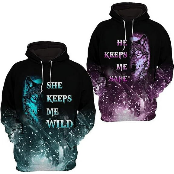 Lotusprinthandmade Wolf Couple She Keeps Me Wild Hoodie 3D S-5XL Multicolor