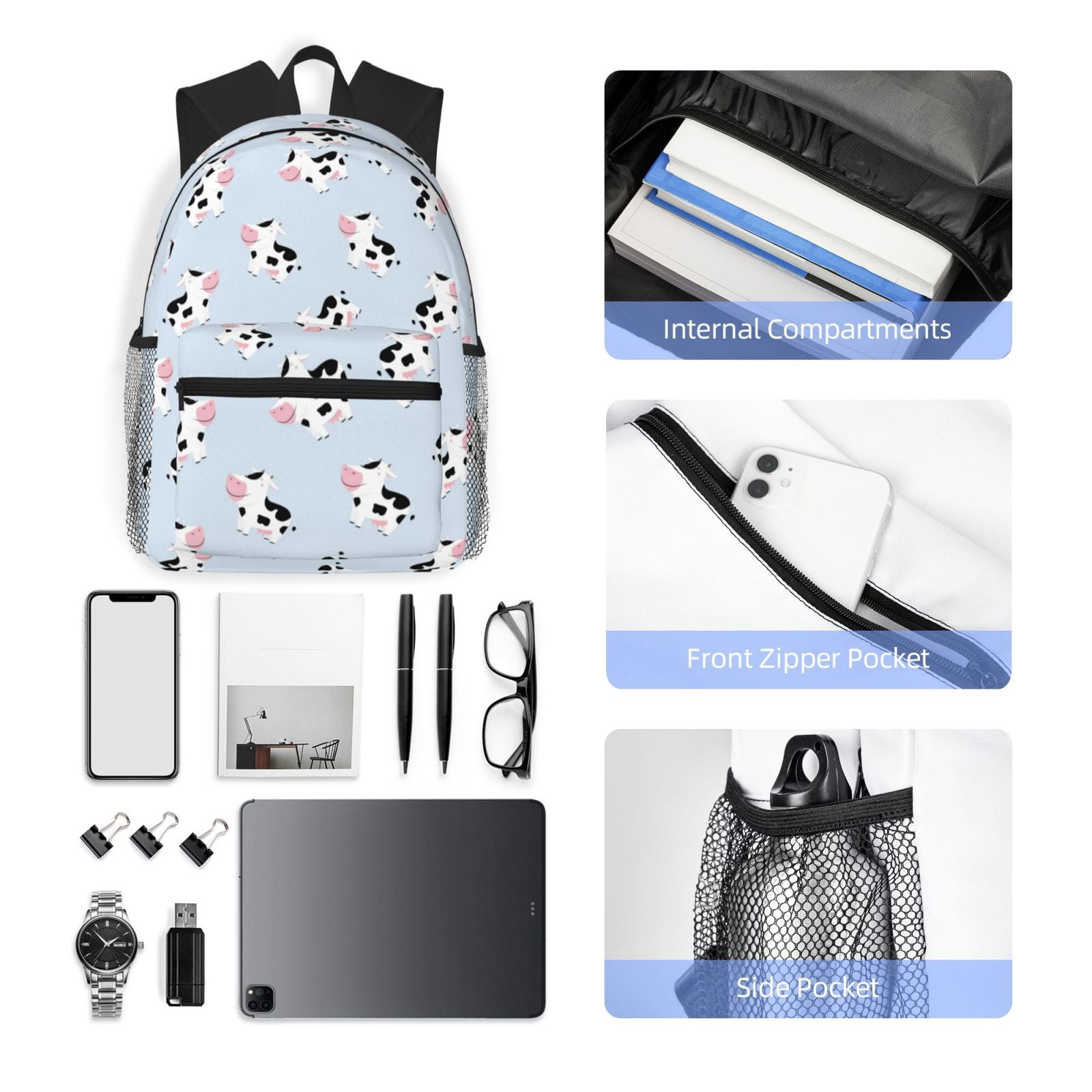 Horeoi Cute Farm Cow Print Casual Backpack for School Work Travel Hiking with Laptop Compartment and Side Pockets Lightweight Design