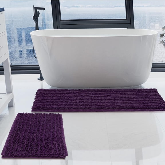 LKIFFA-Luxury Chenille Plum Bathroom Rugs Sets 2 Piece, Thickened Hot Melt Rubber Bottom Bath Mats for Bathroom Non Slip,Bath Rugs Quick Dry Machine Washable for Shower Mat (47"x17" 17"x24")
