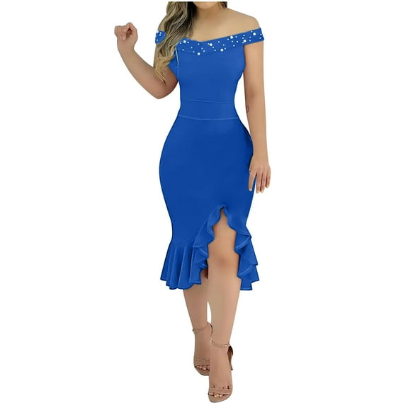 Ashirexll Midi Dresses for Women, Flowy Dresses for Women, Casual One Shoulder Split Pearl Detail Irregular Ruffle Hem Dress