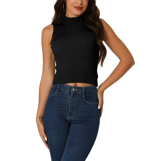 INSPIRAR CHIC Camiseta sin mangas de punto con cuello alto para mujer, pullover de canalé casual y moderno, color negro